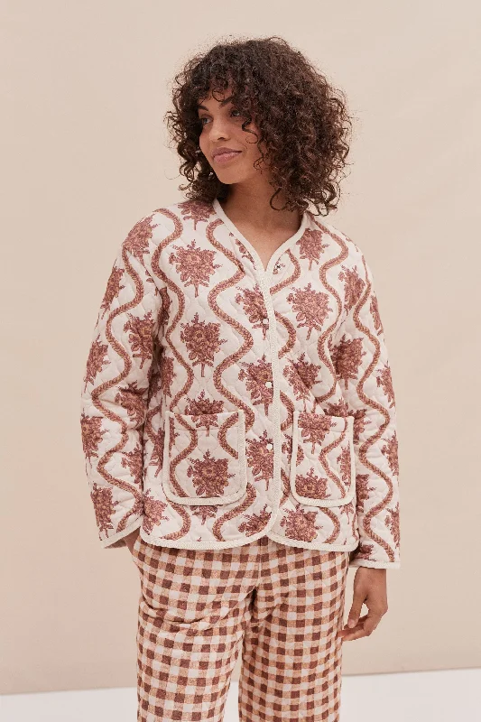 Quilted Jacket in Alpen Flora Print Cream and Brown Print Jacket Jacquard Jacket Patchwork Jacket