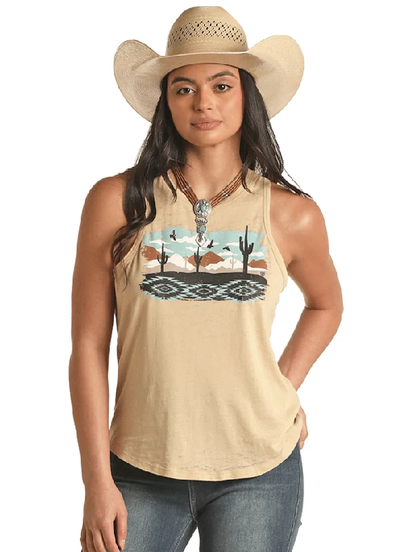 Rock & Roll Denim RRWT20R0YU Womens Scenery Graphic Tank Beige casual tank top
