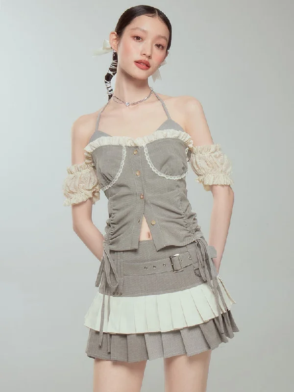 Pleated Cake Skirt With Halter Neck Suspender Top cashmere skirt soft