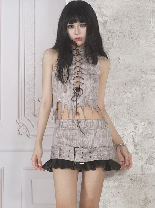 ARIADNAw Grunge Layered Mini Skirt with Matching Leg Warmers - Gray/Black (Women's) a-line skirt cut