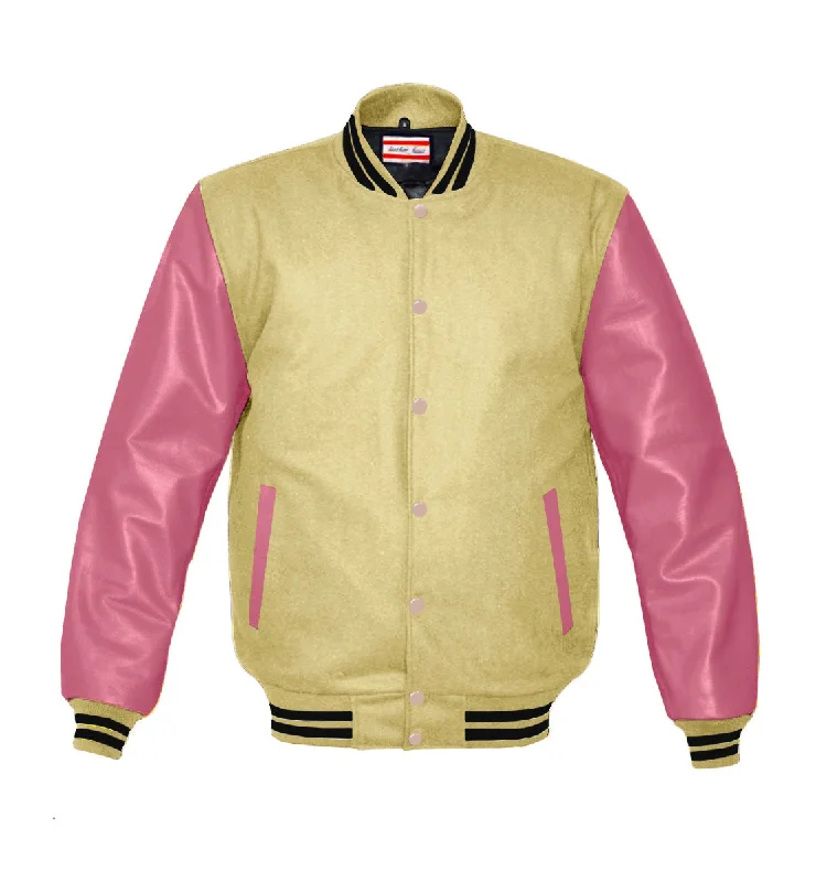 Superb Genuine Pink Leather Sleeve Letterman College Varsity Women Wool Jackets #PKSL-BSTR-PKB Cotton Jacket Linen Jacket Terry Jacket