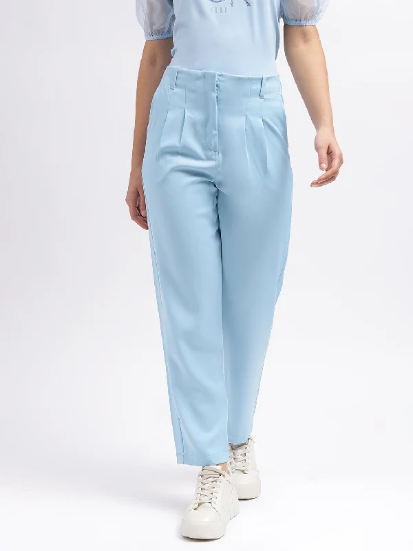 Elle Women Blue Solid Straight Fit High-Rise Trouser Trousers Spring Floral