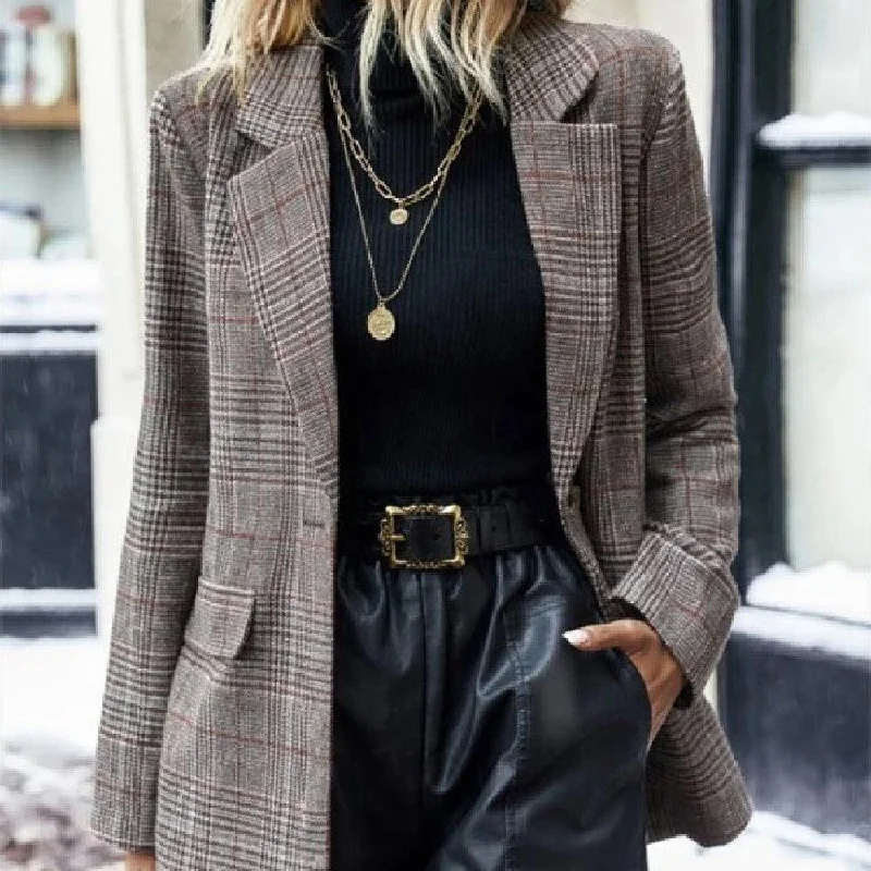 Women's Suit Jacket Plaid Printed Lapel Single Button Long Blazer Elegant Vintage Clothing Knit Jacket Woven Jacket Fleece Jacket