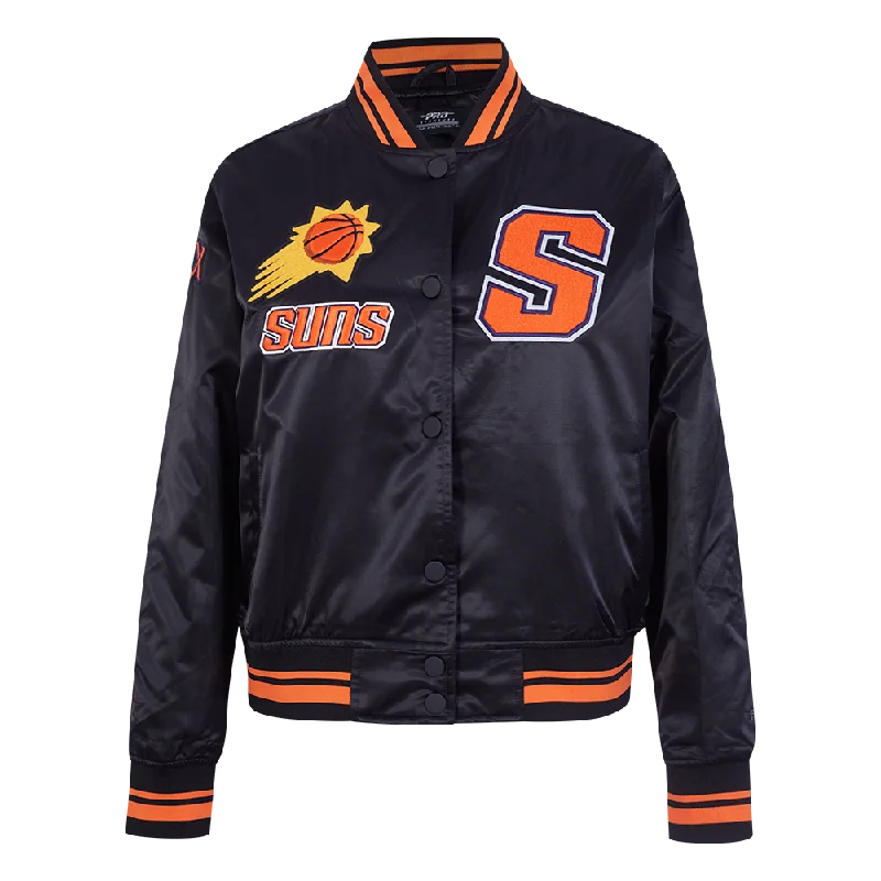 NBA PHOENIX SUNS RETRO CLASSIC WOMEN'S RIB SATIN JACKET (BLACK/ORANGE) Zippered Jacket Buttoned Jacket Snapped Jacket