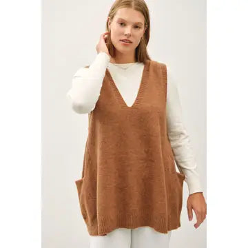 Go To Extremes Pecan Oversize V Neck Sweater Vest (Size Medium/Large) Stylish Fashionable Trendy
