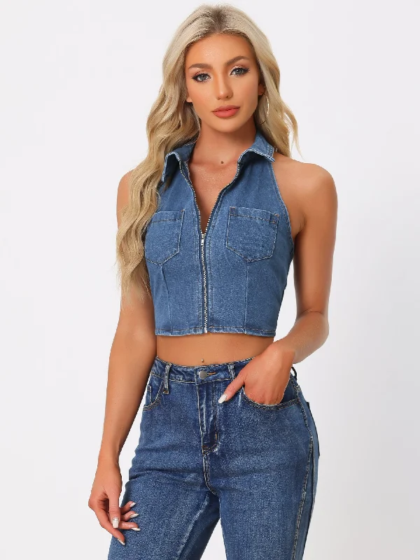 Halter Denim Zipper Up Collared Sleeveless Jean Corset Crop Top Rayon Fabric Velvet Fabric Corduroy Fabric