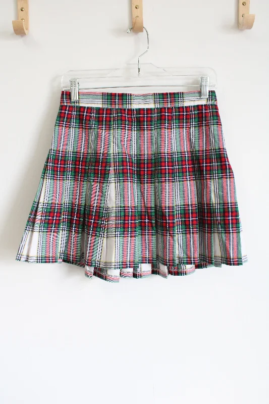 Aerie Red Green Pleated Skirt | M leather skirt sleek