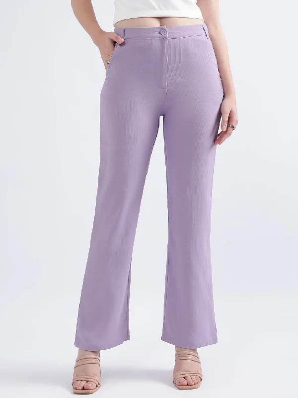 Elle Women Lilac Solid Regular Fit Trouser Trousers Silk Elegant