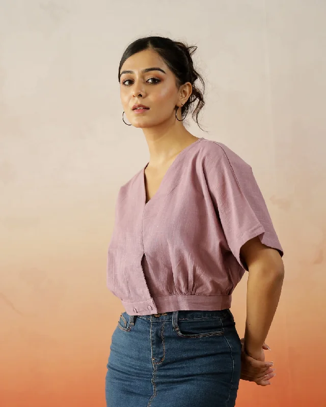 Lavender Color V-Neck Crop Top Anti-Shrink Durable Soft