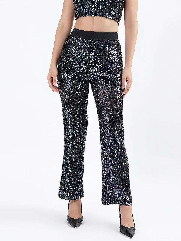 Centre Stage Women Multi Embellished Flared Trouser Trousers High Rise Slim Fit