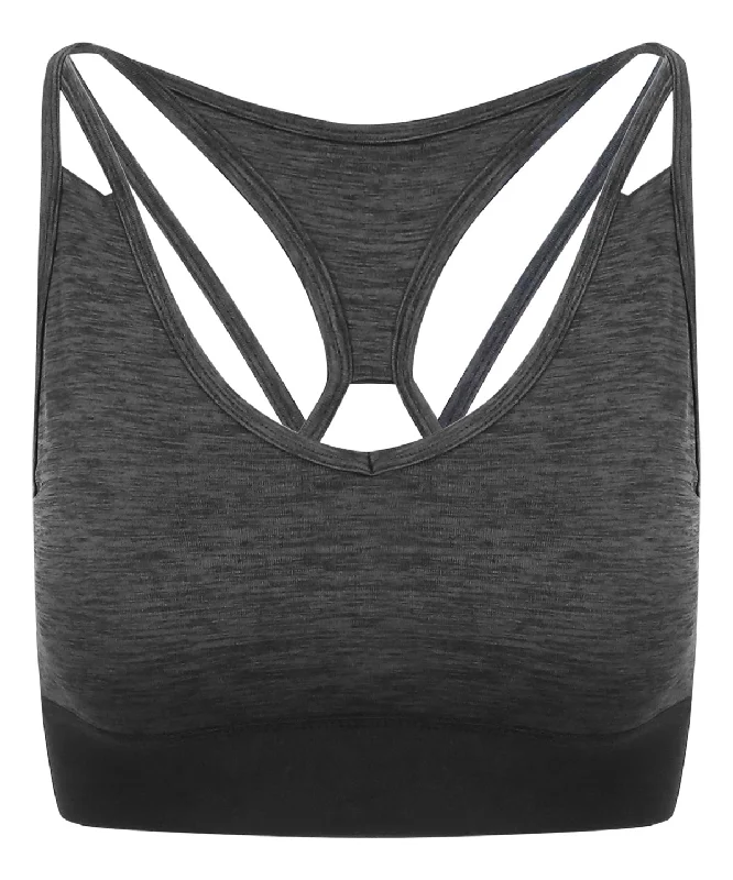 Black Slate Melange - Women's cross back crop top Collared Crew Neck Turtle Neck