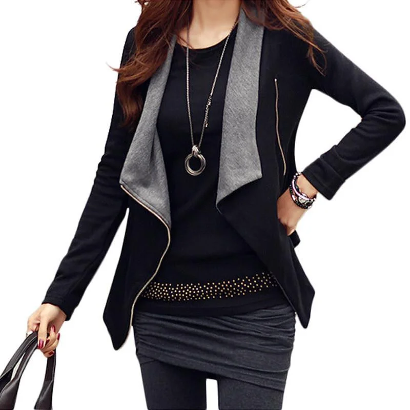 Women Zipper Slim Casual Long Sleeve Jacket Outwear Coat S/M/L/XL Boat Neck Shawl Collar Notched Collar
