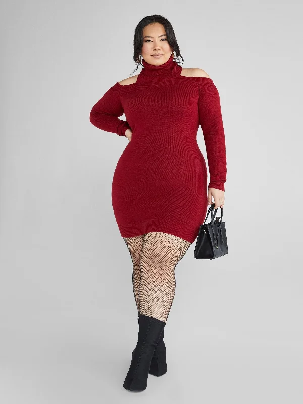 Fashion To Figure - Adela Cold Shoulder Turtleneck Sweater Dress Terry Blend Velvet Blend Canvas Blend