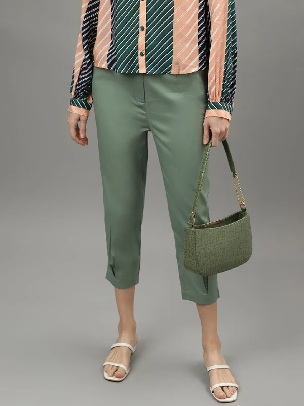 Iconic Women Olive Solid Regular Fit Trouser Trousers Chinos Classic