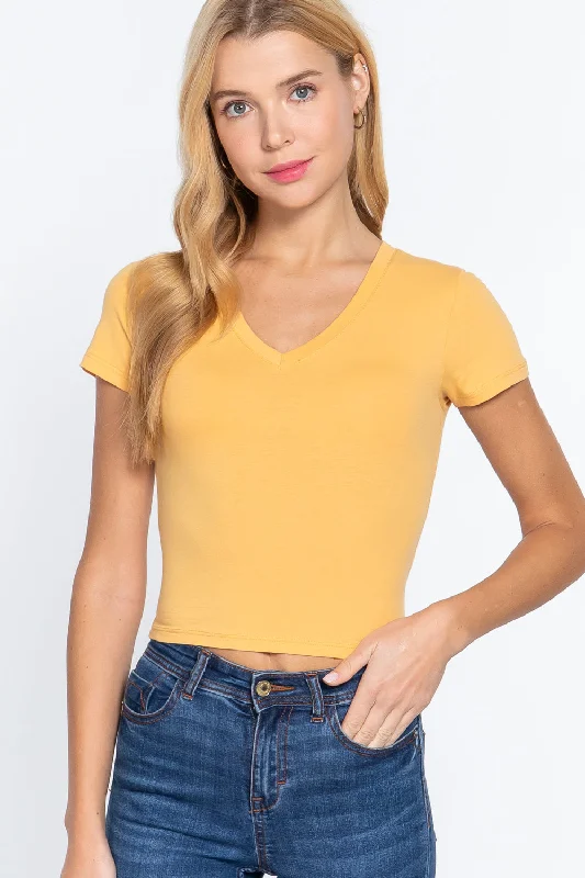 Short Sleeve V-neck Crop Top Notch Collar Peter Pan Collar Cowl Neck