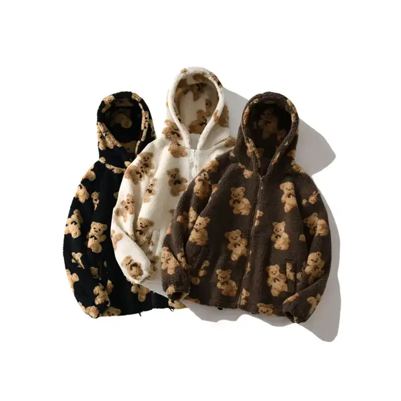 Teddy pattern loose teddy fur hooded sweatshirt Hoodie with Lining Warm Insulated