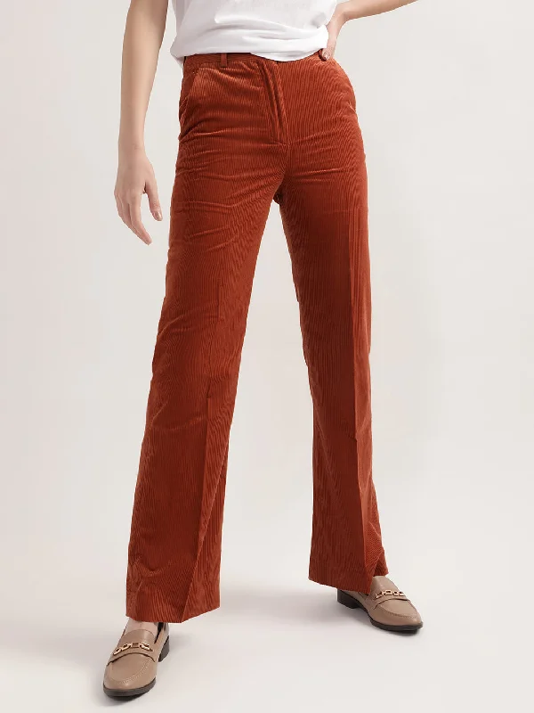 Gant Women Rust Striped Cotton Straight Fit Bootcut Trousers Trousers Velvet Soft