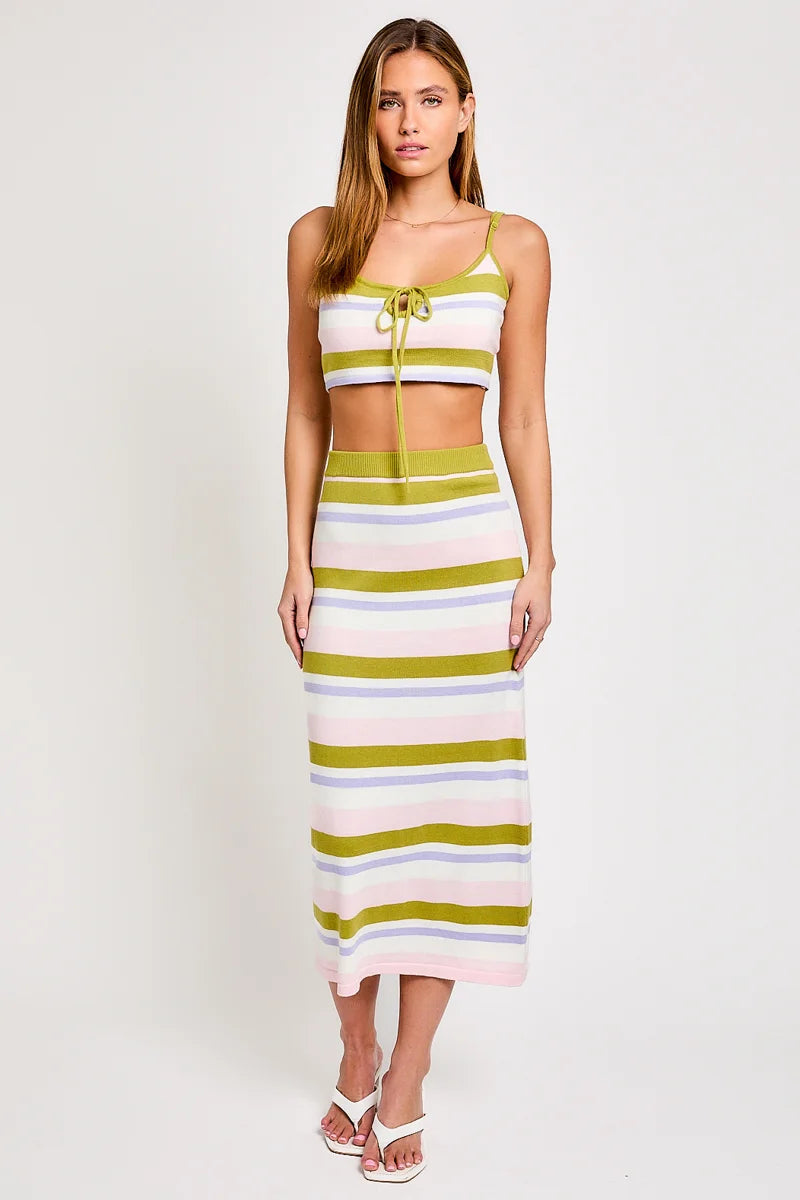 Striped Rib Sweater Crop Top & High Waist Midi Skirt Set Sequined Glittery Shiny