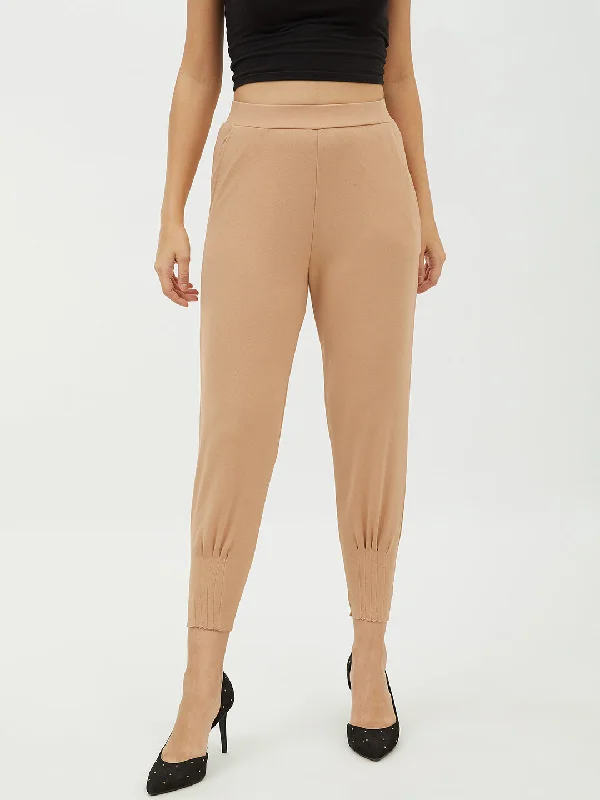 Women's Beige Jogger Style Trousers - StyleStone Trousers Yoga Stretchy