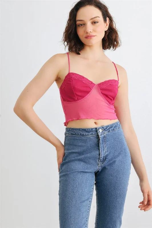 Fuchsia Mesh Lace Strappy Lettuce Hem Crop Top Wool Fabric Cashmere Fabric Tweed Fabric