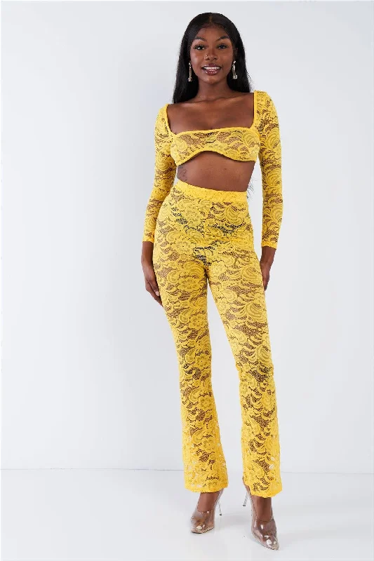 Yellow Sheer Floral Lace Crop Top & Flare Pant Set Welt Pockets Slit Pockets Flap Pockets