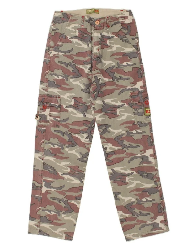 VINTAGE Womens Straight Cargo Trousers W24 L30 Grey Camouflage Cotton High Waist Slim Fit Ankle Length