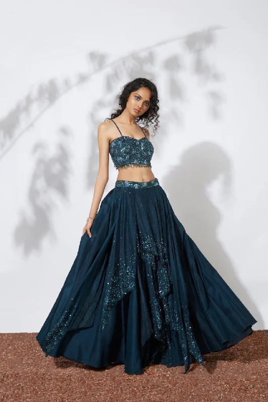 TEAL 32 PANELS EMBROIDEREDLEHENGA CROP TOP SET Polka Dot Checkered Tartan