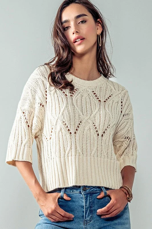 Morning Breaks Cream Cable Knit Crop Sweater (Size Large) Wool Sweater Cotton Sweater Cashmere Sweater