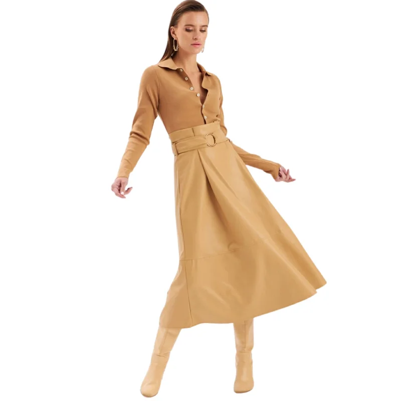 SATEEN - Belted Loose Leather Skirt high waist skirt