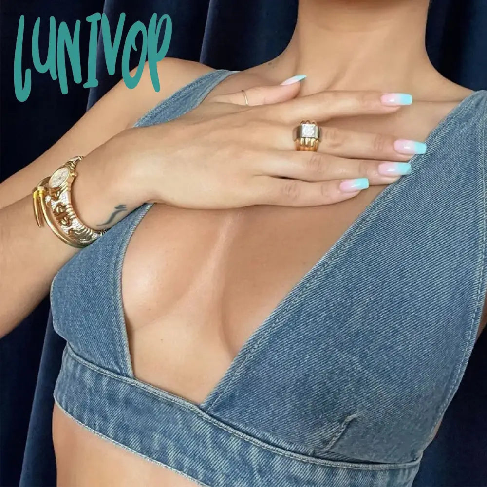 Lunivop Sexy Denim Crop Top For Women Deep V-neck Button-Down Backless Vintage Solid Hot Gril Y2K Beach Holiday Summer New Tanks Satin Fabric Silk Fabric Chiffon Fabric