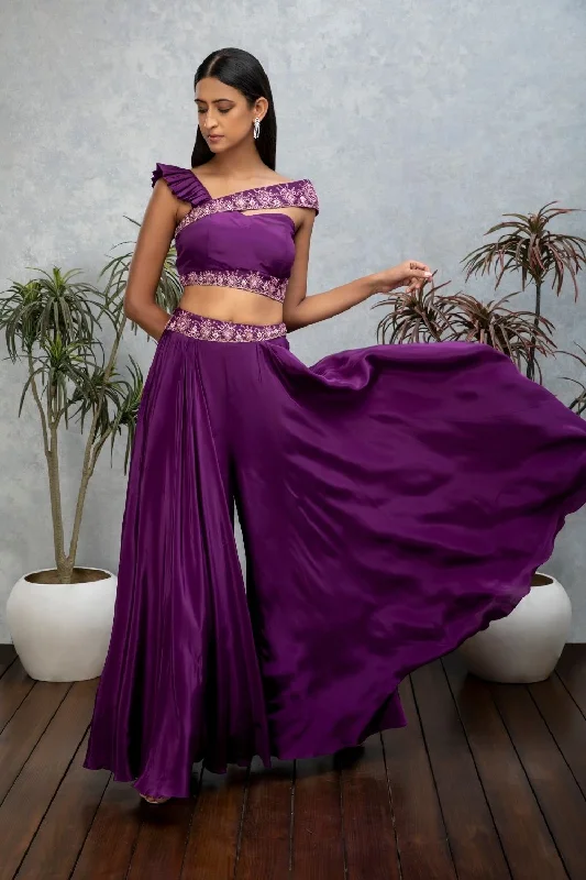 Amethyst purple sharara with crop top Chenille Brocade Lace