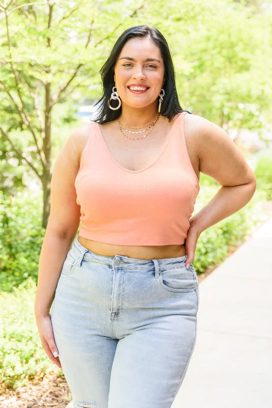 Tell Me More Ribbed Crop Top In Coral with Built in Bra! Welt Pockets Slit Pockets Flap Pockets