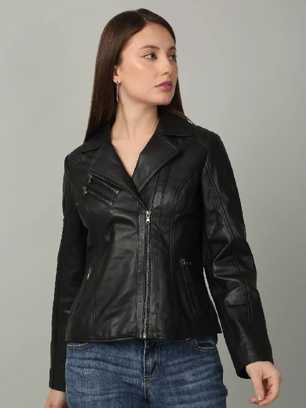 Women Classic Black Biker Leather Jacket Fleece Jacket Down Jacket Feather Jacket