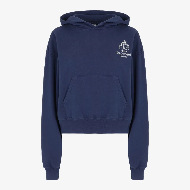 SPORTY & RICH | WMN'S CROWN LOGO CROPPED HOODIE { NAVY/WHITE Hoodie with Drawstring Waist Adjustable Fitted