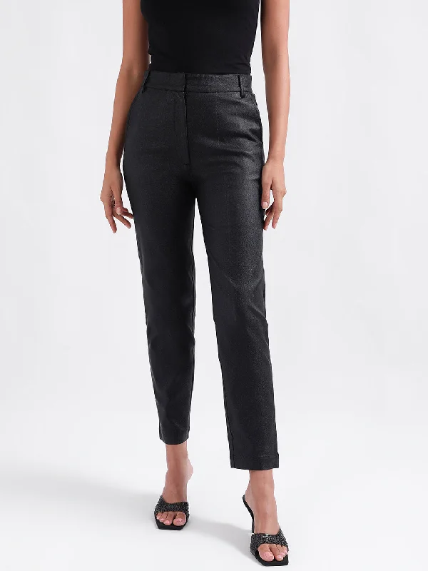 Centre Stage Women Black Solid Straight Fit Trouser Trousers Polka Dot Cute