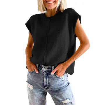 Its A Fine Line Black Cap Sleeve Knit Sweater Top (Size Large) Spandex Blend Rayon Blend Denim Blend