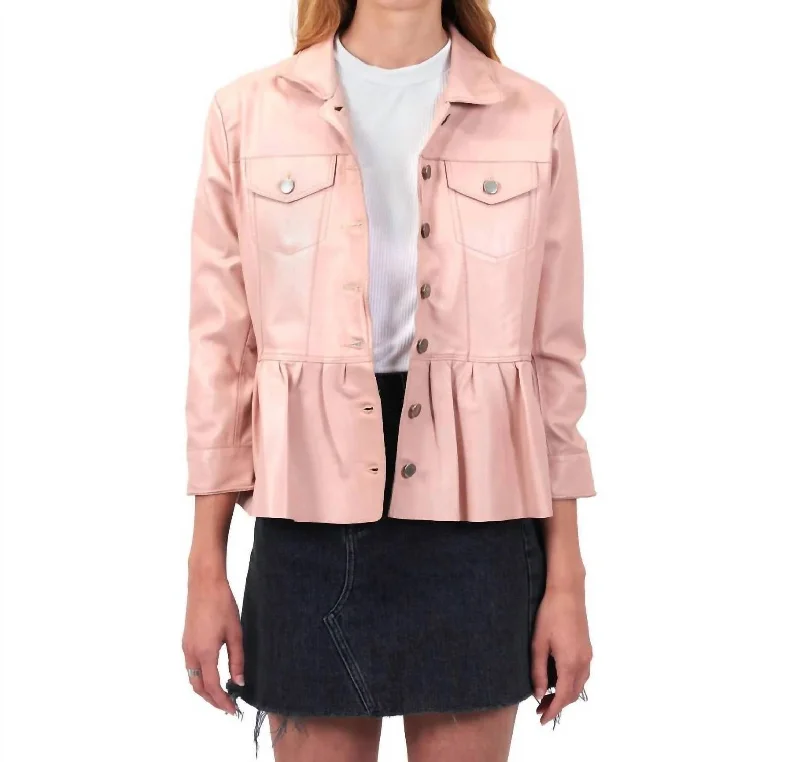 Brie Burnished Leather Peplum Jacket In Petal Front Pockets Side Pockets Patch Pockets