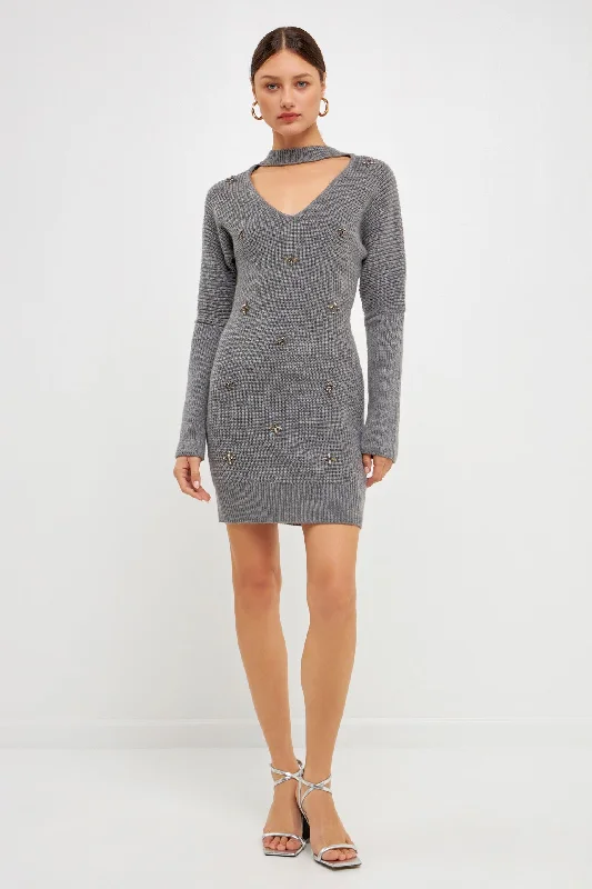 Endless Rose - Embellished Sweater Dress Seamless Knitted Crochet