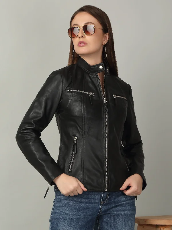 Women Sleek Black Leather Jacket Striped Jacket Polka Dot Jacket Floral Jacket