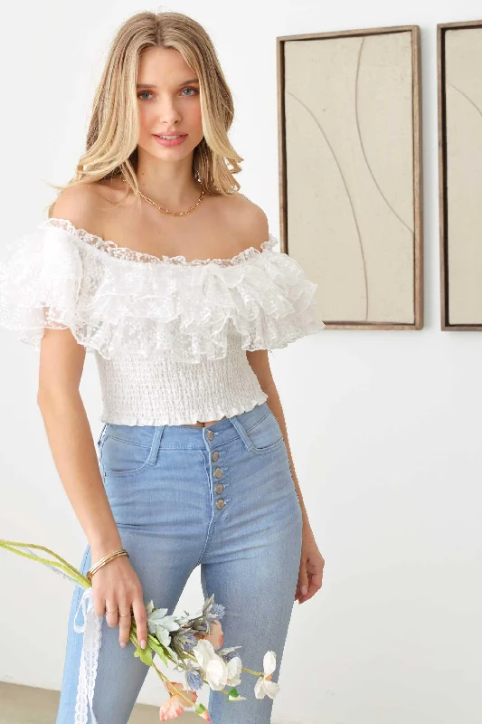 Ruffle Lace Smocked Off Crop Top Boxy Fit Fitted Loose
