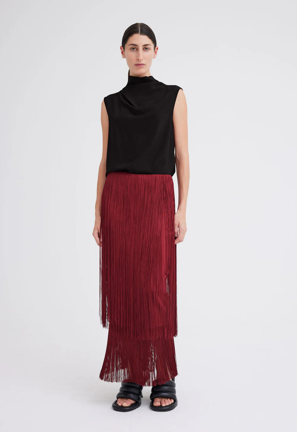 Marquee Wool Fringe Skirt in Cheru Red corduroy skirt cozy