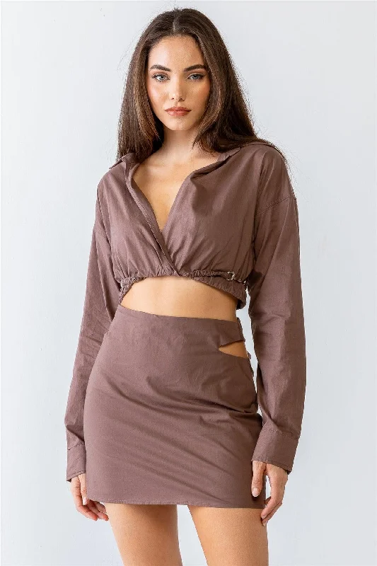 Collared Wrap Crop Top & High Waist Cut-Out Mini Skirt Set Elasticated Padded Insulated