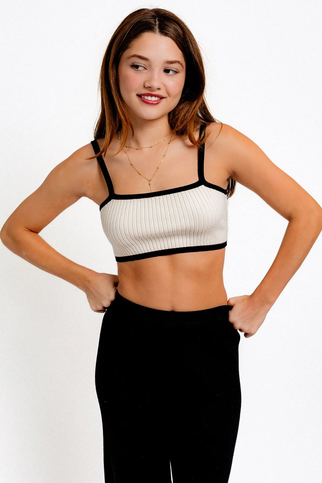 Ribbed Contrast Sleeveless Sweater Knit Crop Top Ribbed Striped Patterned