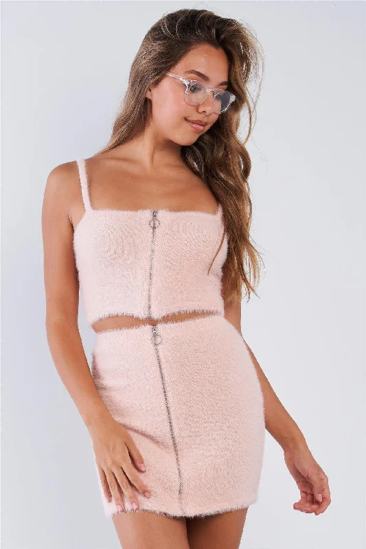 Fuzzy Cotton Candy Pink Zipper Cami Strap Crop Top Fashionable Trendy Casual