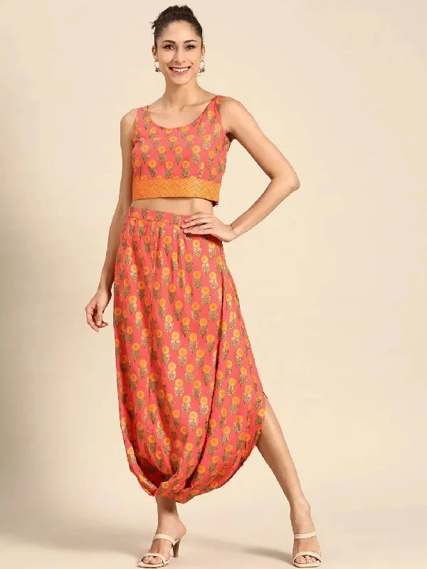 Cowl skirt with crop Top in Peach Print Wool Fabric Cashmere Fabric Tweed Fabric