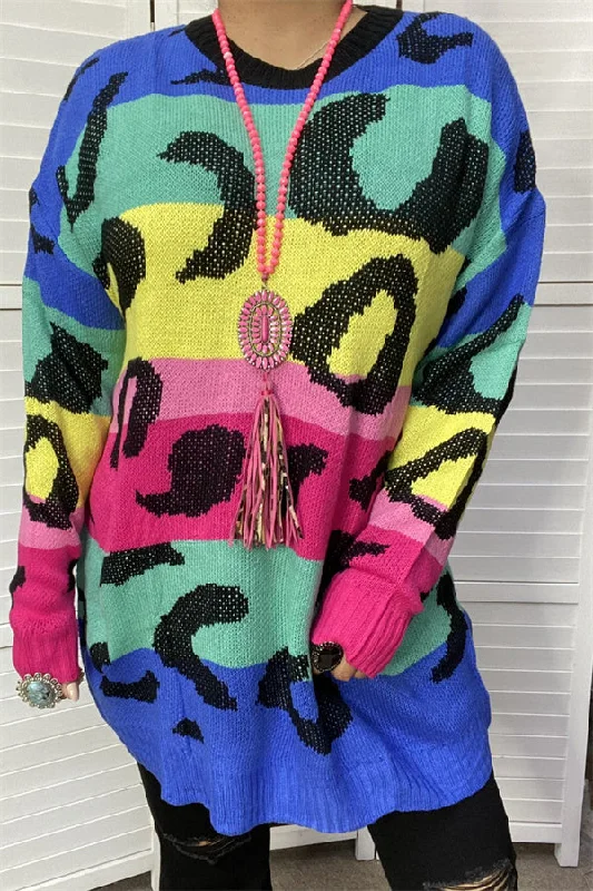 MY13437 Multi color leopard printed long sweater Sequined Glittery Shiny