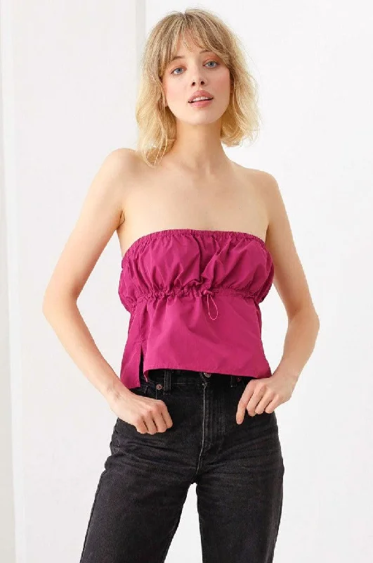 Plain Sexy Straight Neckline Side Slit Front Toggle Drawstring Strapless Crop Top Rayon Velvet Corduroy