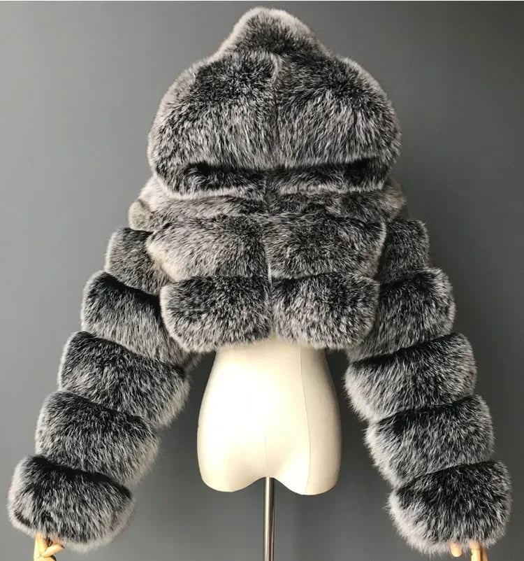Autumn Furry Cropped Faux Fur Coats Jackets Women Fluffy Top Coat Hooded Straight Short Winter Fur Jacket Fashion Streetwear New Cotton Fabric Linen Fabric Terry Fabric