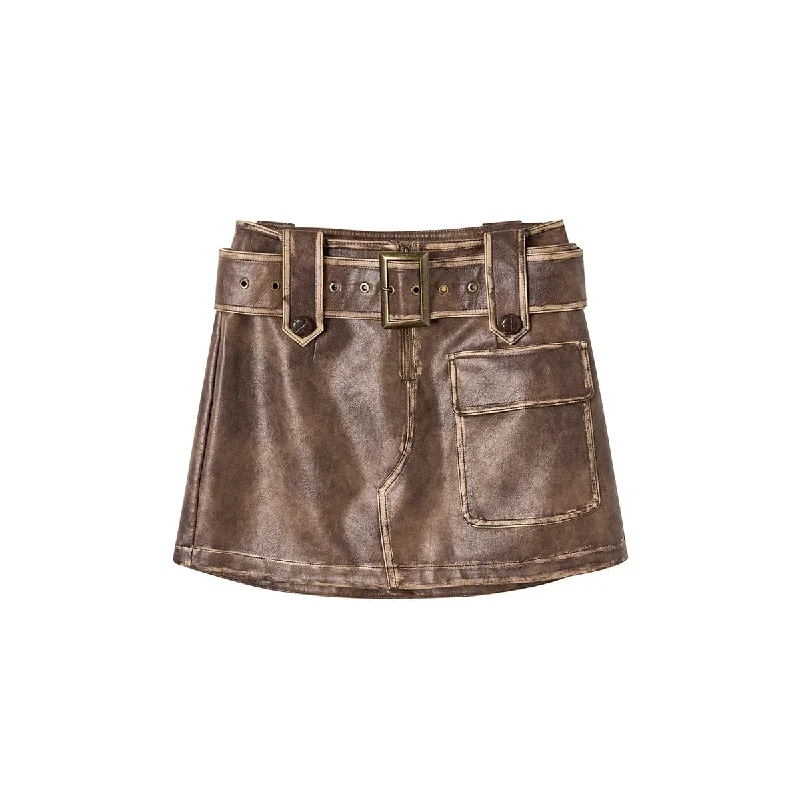 Brown Distressed Leather Skirt - Premium Quality zip skirt side