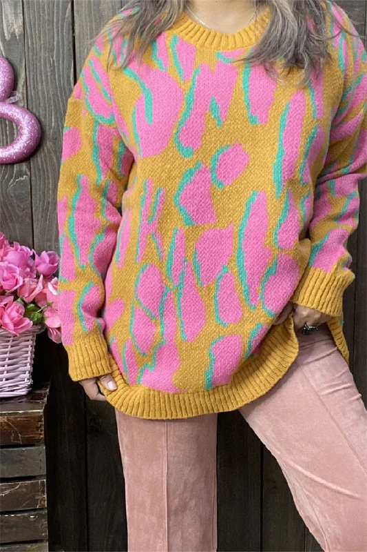 MY13394 Pink/yellow/turquoise leopard print long sleeve sweater Fleece Sweater Nylon Polyester